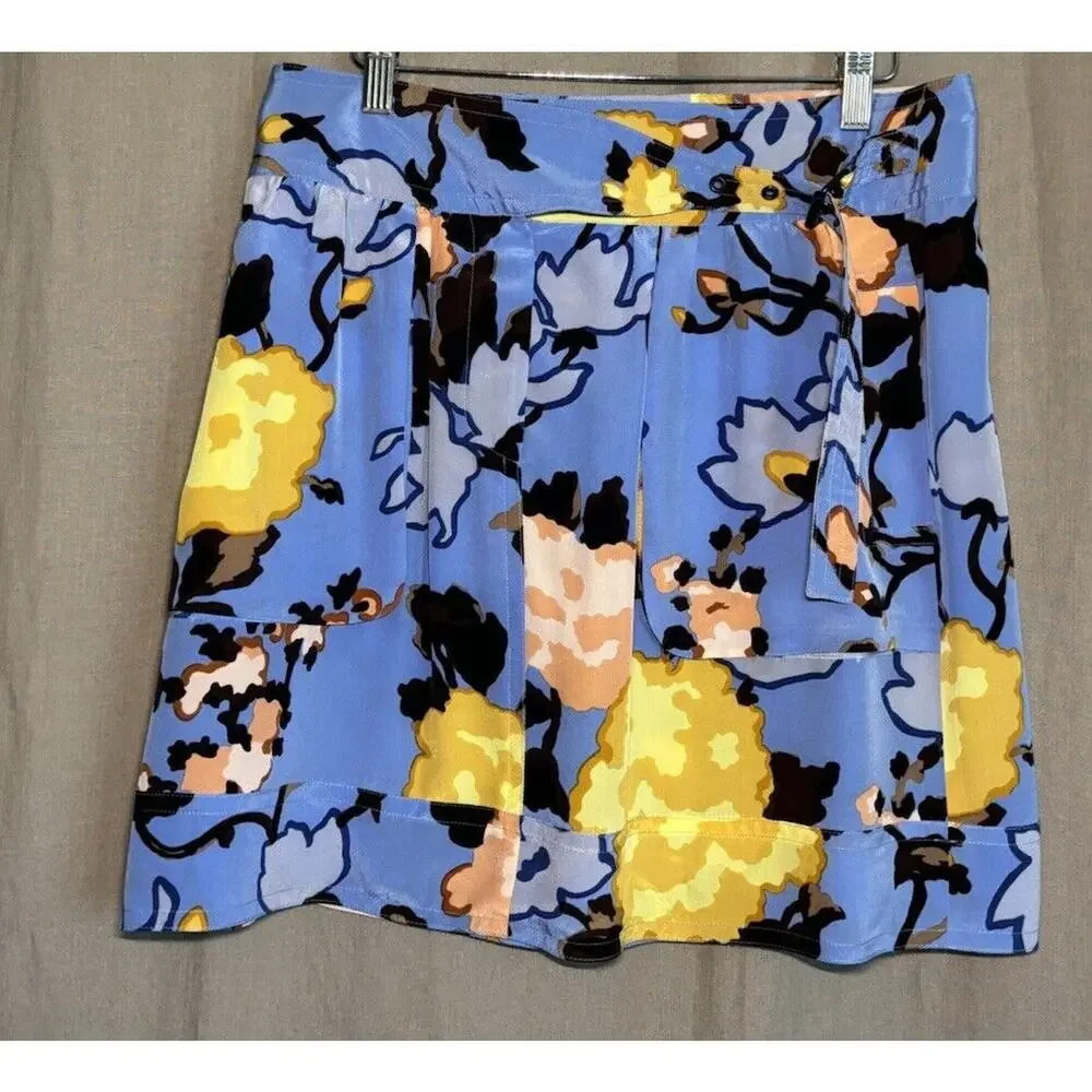 Missoni Italy Valentino Y2K Vintage Blue Floral Print Silk Mini Skirt Waist 30”